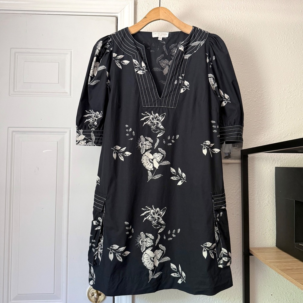 CAROLINE CONSTAS washed black white floral cotton popover puff sleeve mini dress
